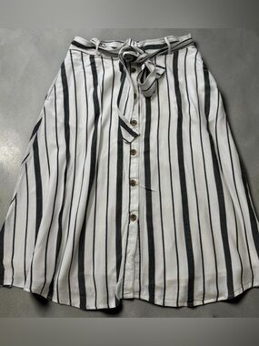 LOFT White and Black Vertical Stripe A-Line Button Skirt with Tie